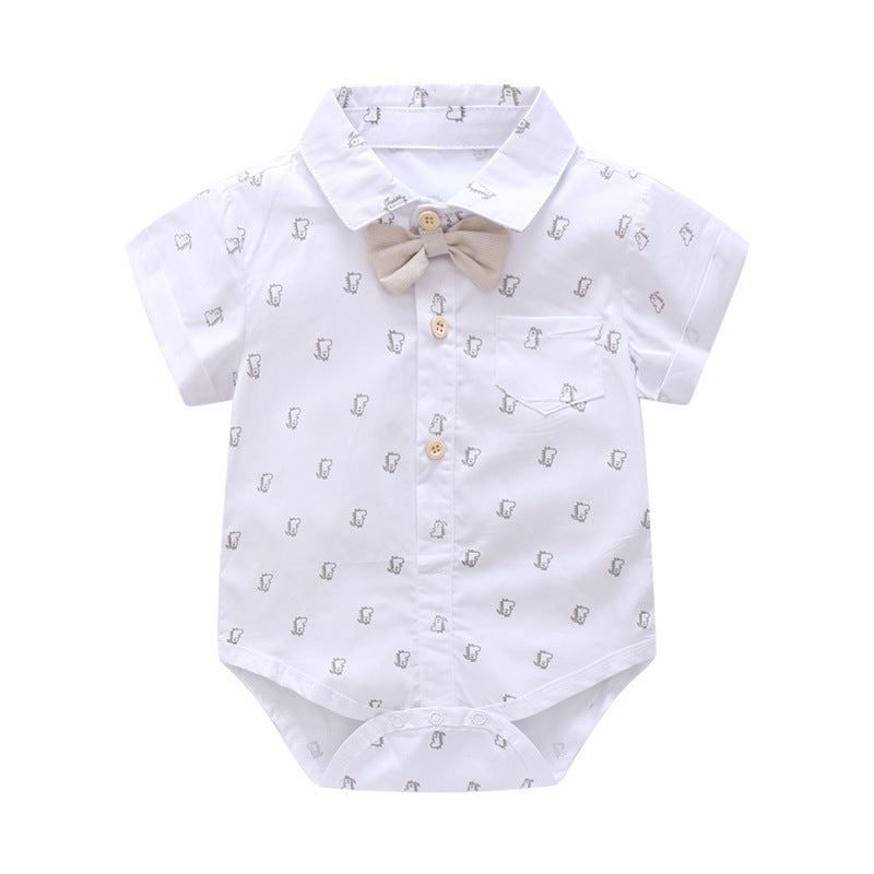 White baby romper with short sleeves and a bow tie on a white background