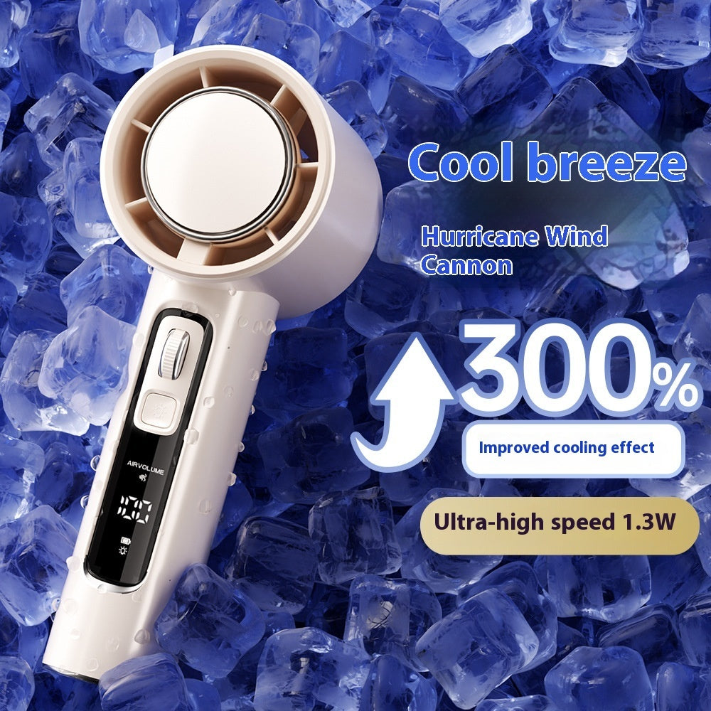 White handheld fan with cooling effect on a blue ice background