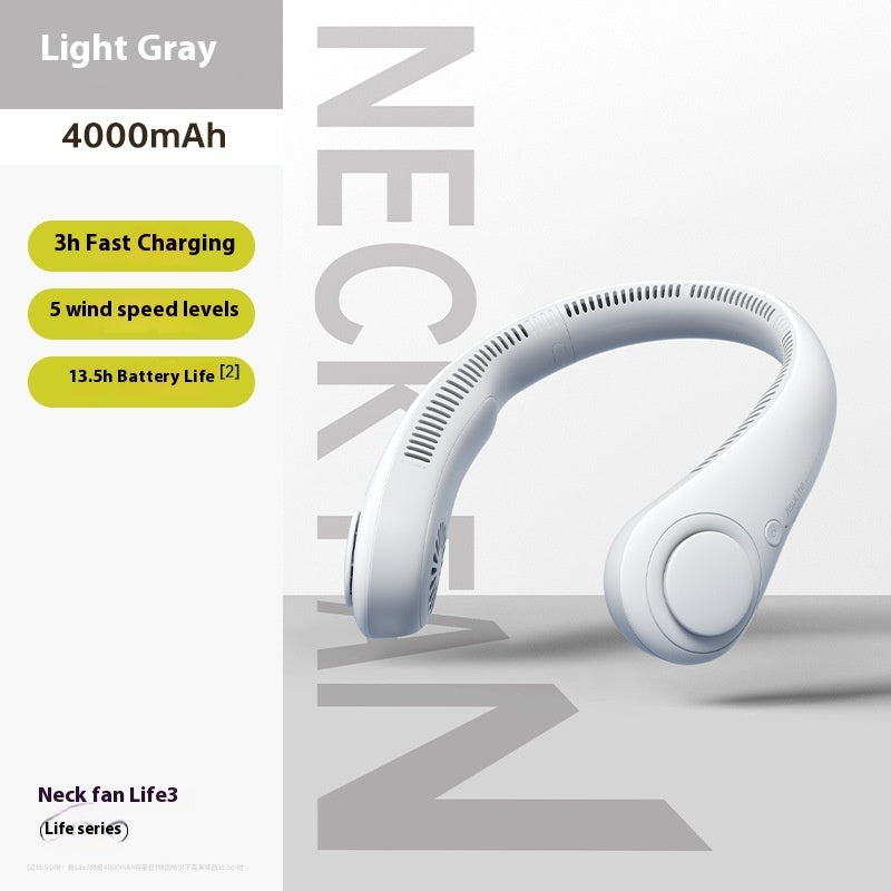 White neck fan with charging and battery life specifications on a gray background