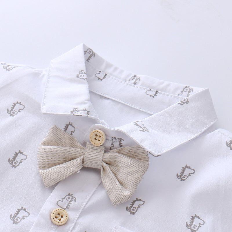 White shirt with beige bow tie and buttons on a white background