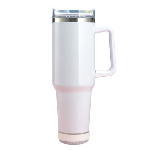 White travel mug with a clear lid on a white background