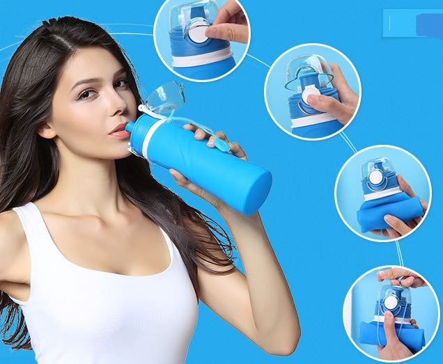 Woman holding a blue water bottle with close-up insets on a blue background