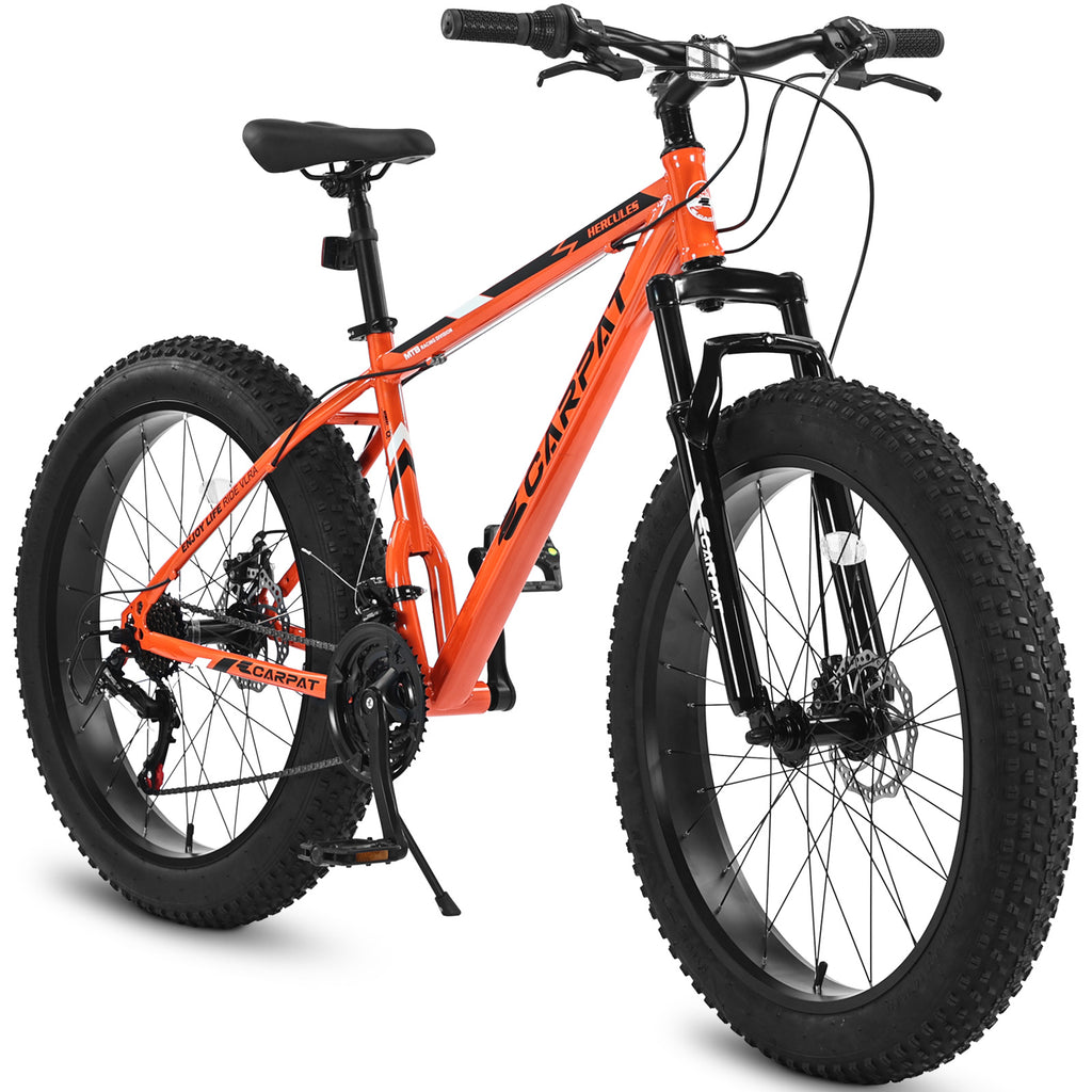 Elecony S26109 26" Fat Tire Mountain Bike – Shimano 21-Speed, Dual Disc Brakes – Adult/Youth (Orange)