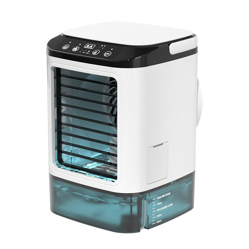 Portable air conditioner with a white and black design on a white background