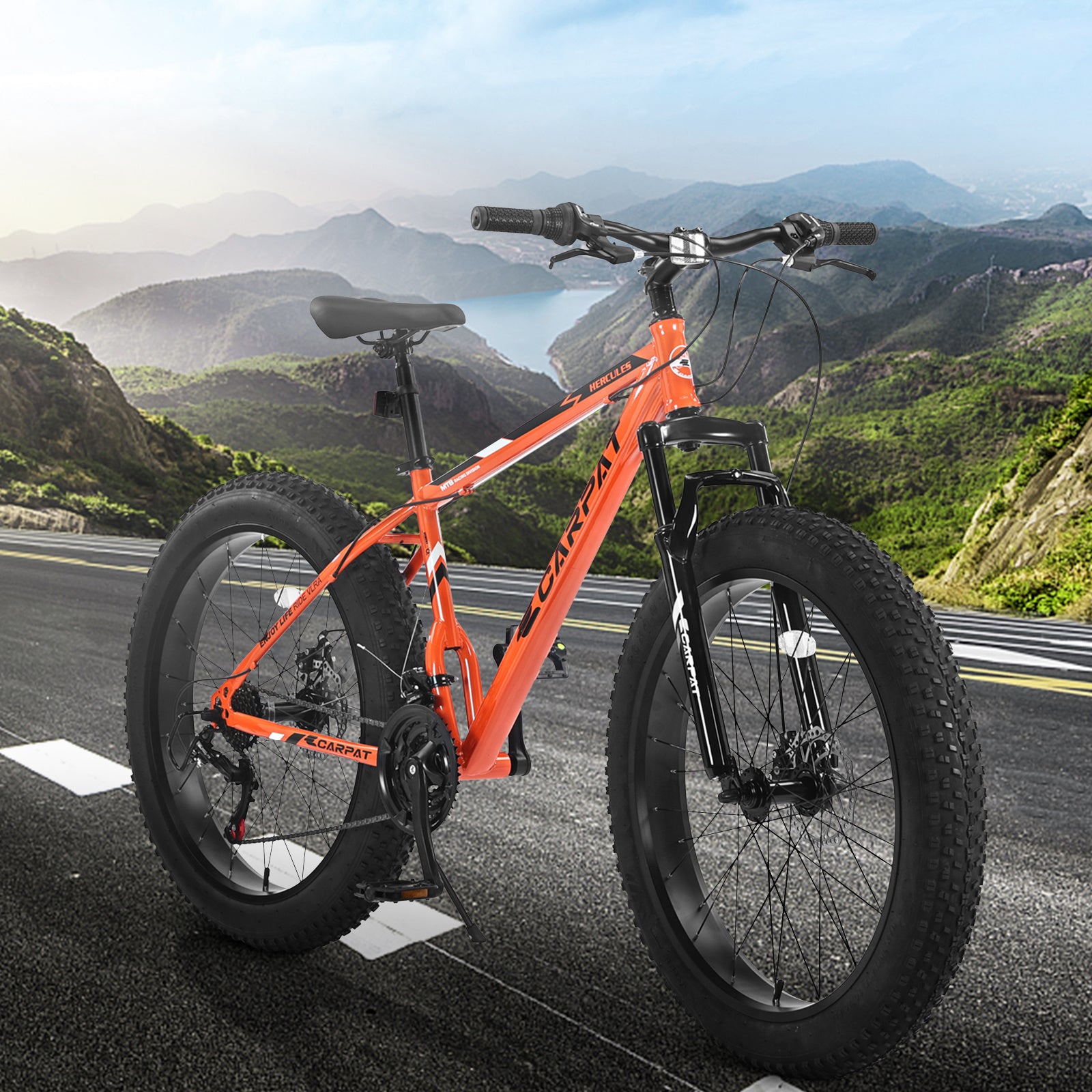Elecony S26109 26" Fat Tire Mountain Bike – Shimano 21-Speed, Dual Disc Brakes – Adult/Youth (Orange)