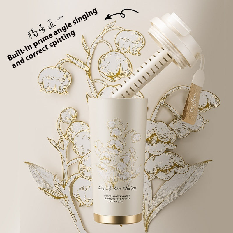 Cosmetic product with floral design and text on a beige background
