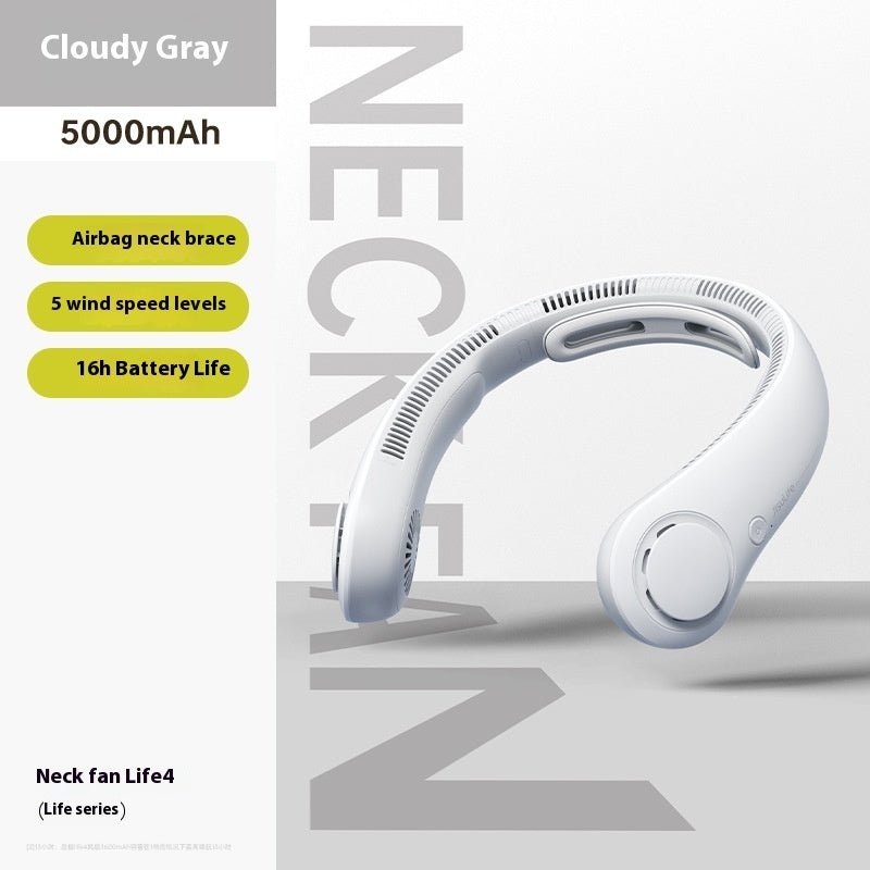 Neck fan with features listed on a gray background