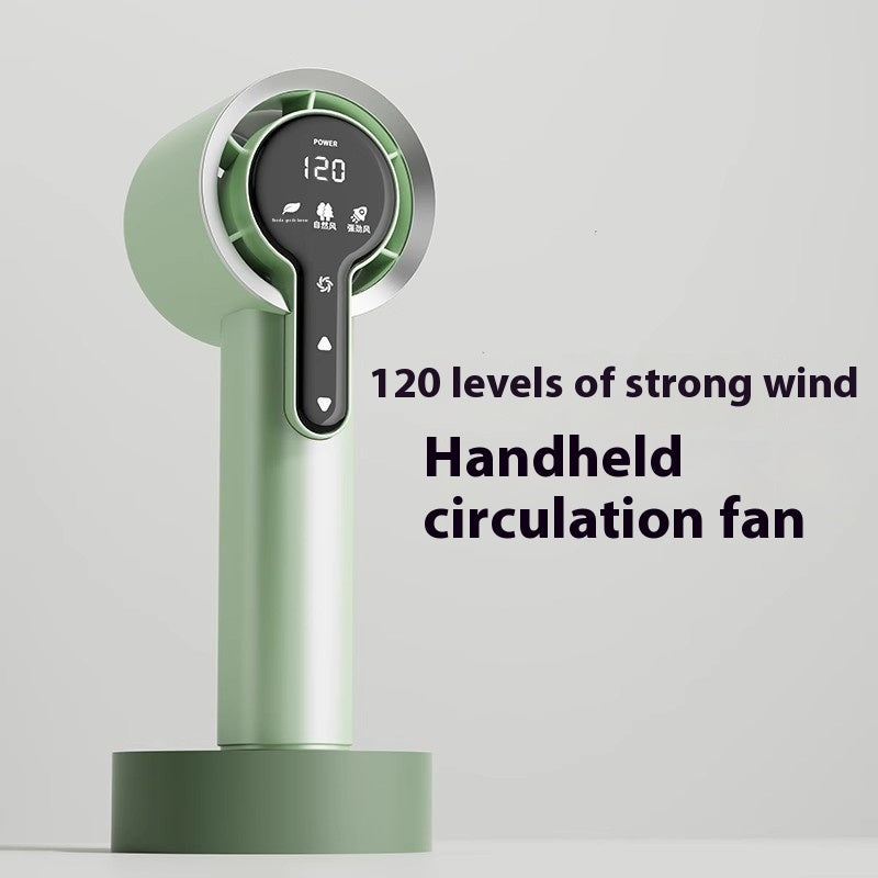 Handheld circulation fan with digital display on a white background