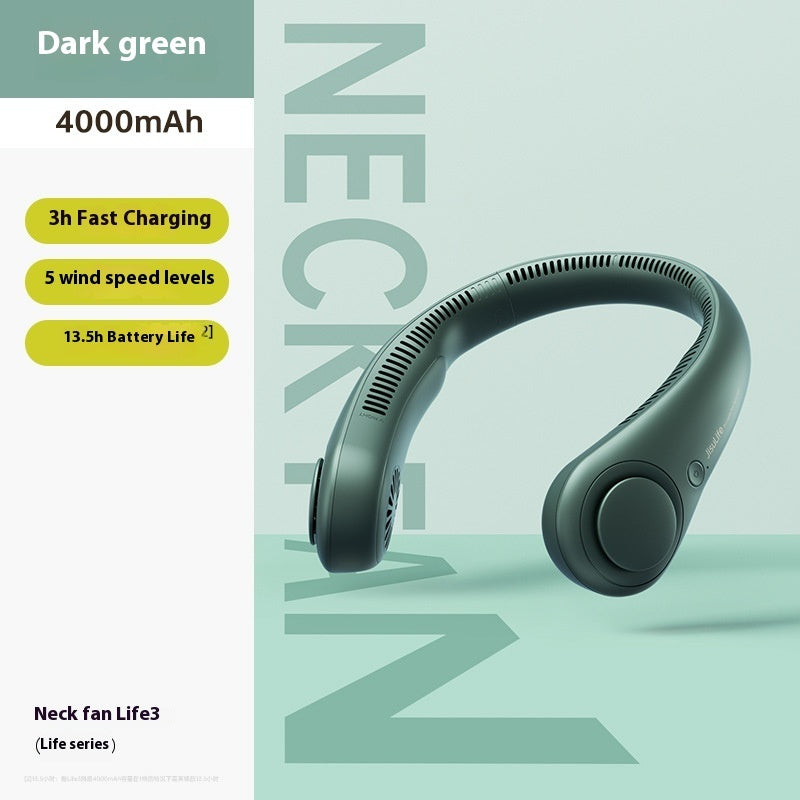 Neck fan Life3 with charging and battery life specifications on a light green background