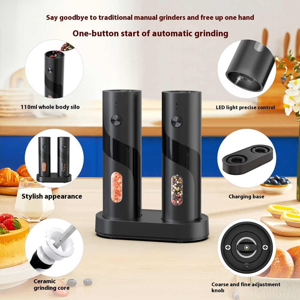 Black electric salt and pepper grinder set with features highlighted on a kitchen counter.