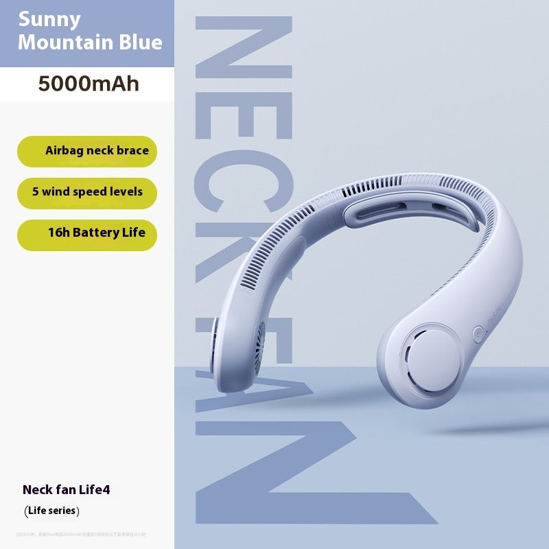 Neck fan with features listed on a light blue background