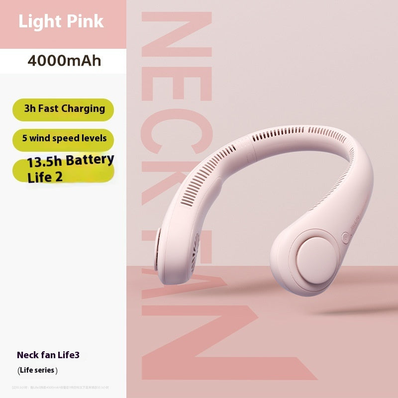 Neck fan with specifications on a light pink background