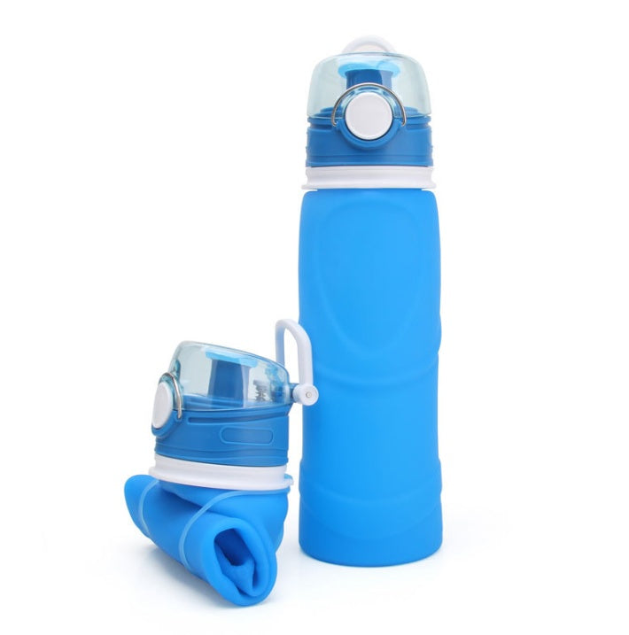 Blue collapsible water bottle with white accents on a white background