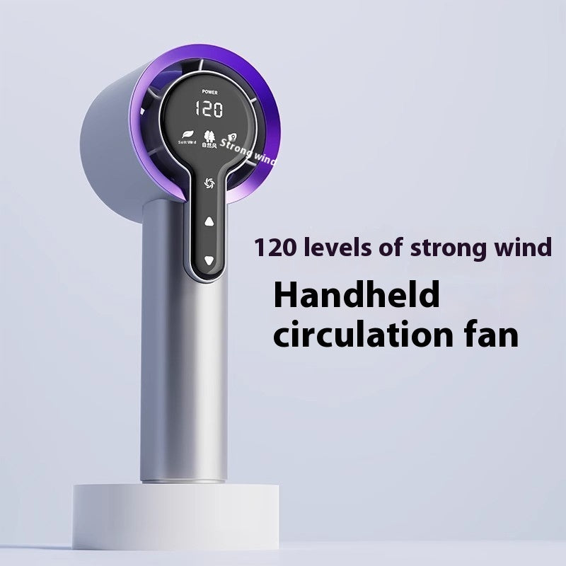 Handheld circulation fan with digital display on a light gray background